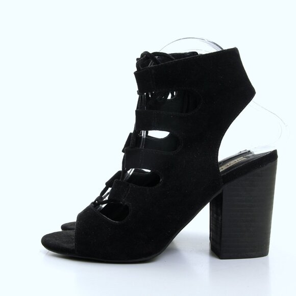 Steve Madden Bleu Textile Lace Up Side Zip Heeled Sandals Black Women Size 7 - Picture 4 of 12